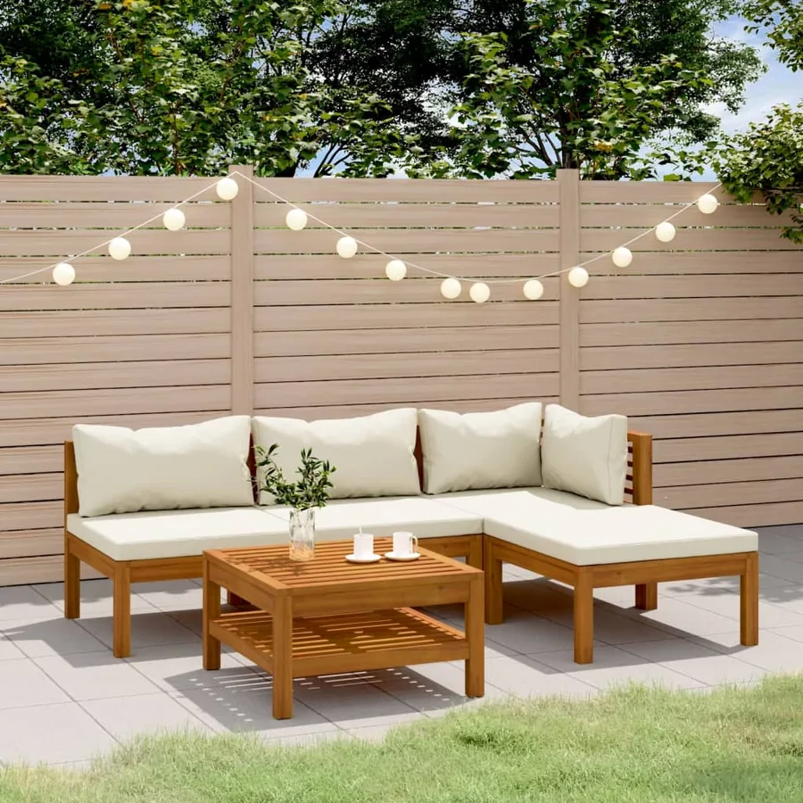 Salon de jardin 5 pcs avec coussin crème Bois d'acacia solide