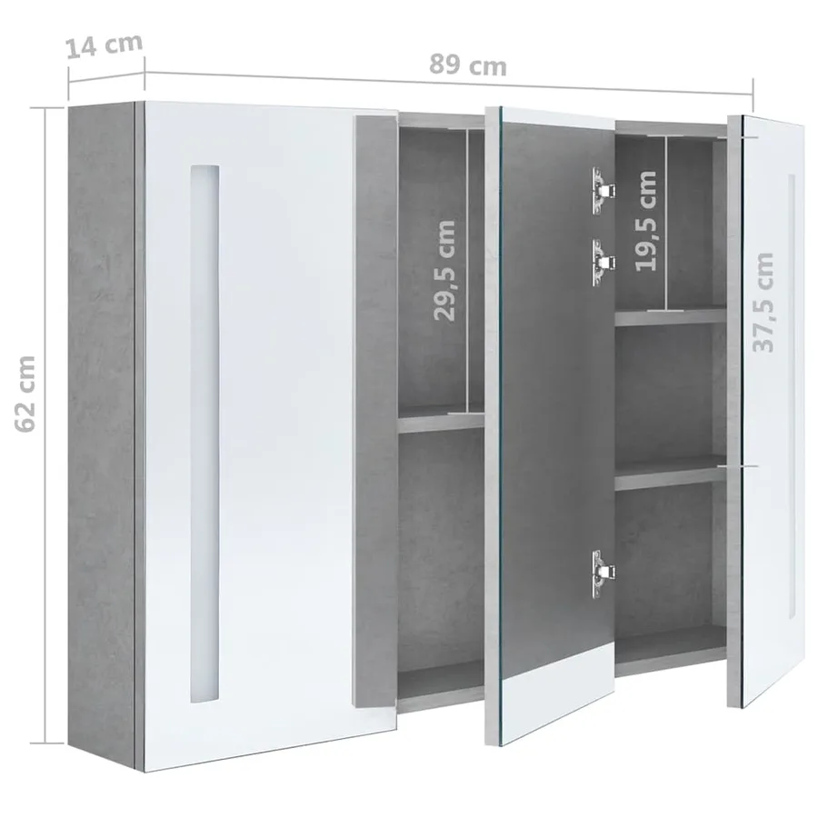 Armoire de salle de bain à miroir LED Gris béton 89x14x62 cm - 8