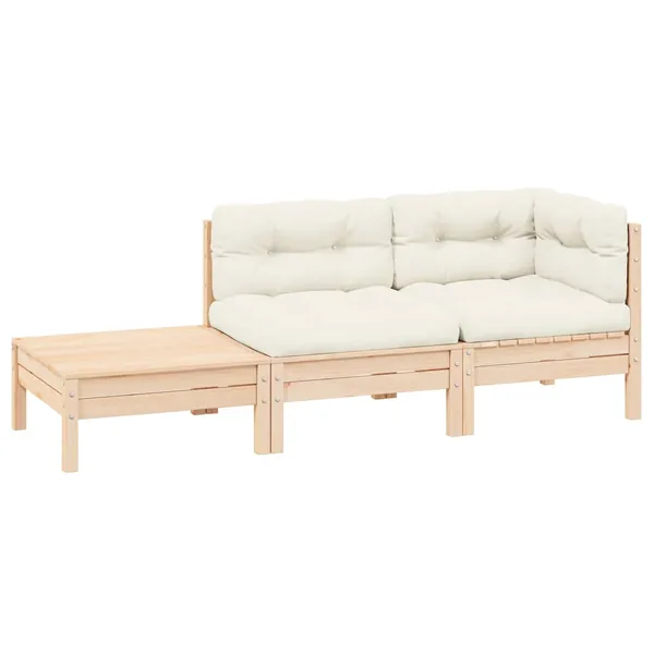 Salon de jardin 3 pcs avec coussins crème Bois de pin massif