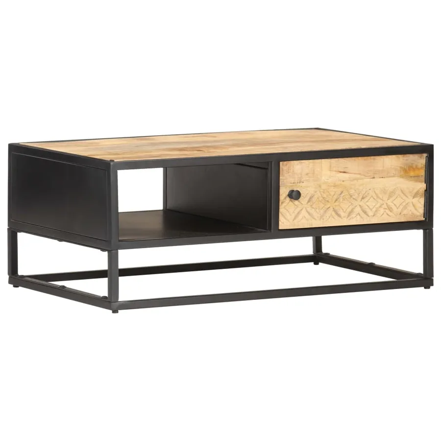 Table basse à porte sculptée 90x55x36 cm Bois de manguier brut - 11