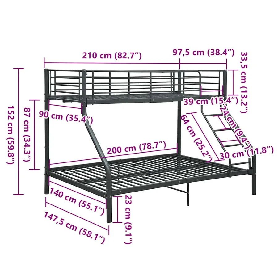 Cadre de lit superposé sans matelas noir 140x200 cm/90x200 cm - 8