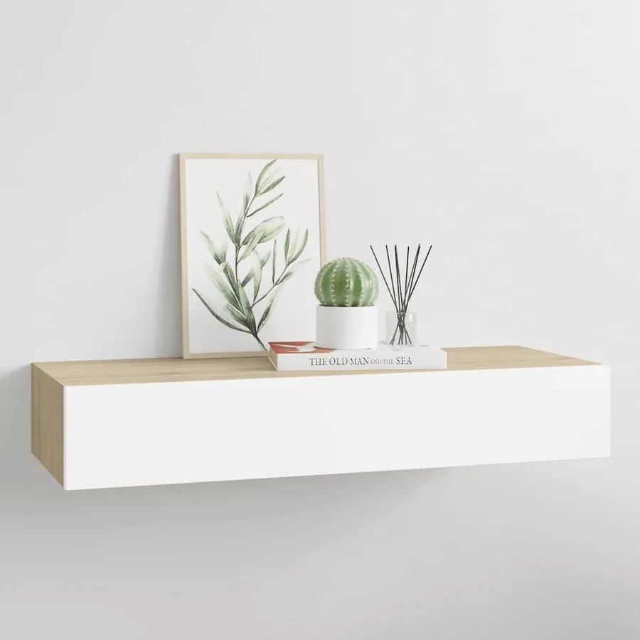 Étagère murale à tiroirs Chêne et blanc 60 x 23,5 x 10 cm MDF