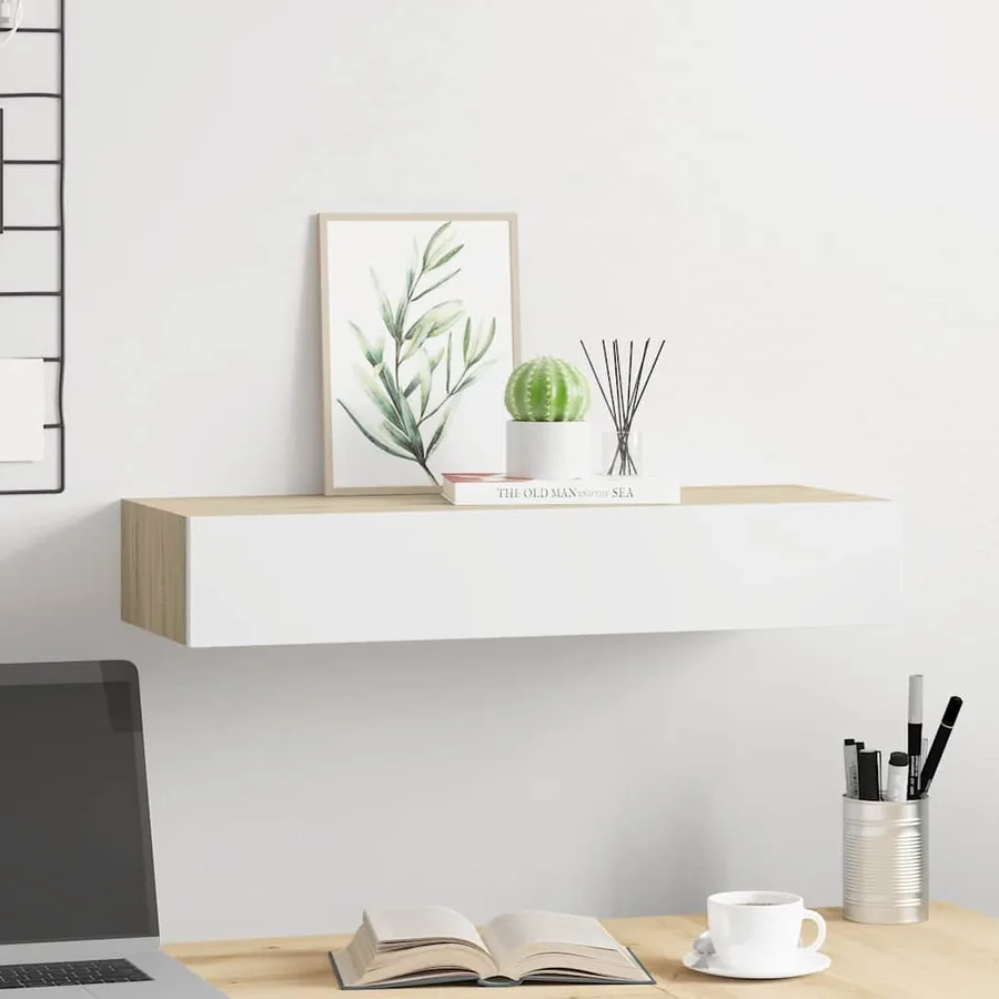 Étagère murale à tiroirs Chêne et blanc 60 x 23,5 x 10 cm MDF - 3