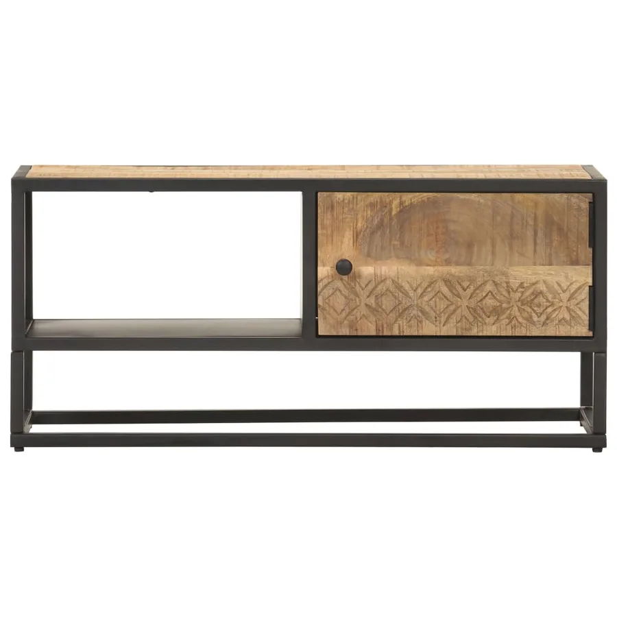 Meuble TV avec porte sculptée 90x30x40 cm Bois de manguier brut - 2