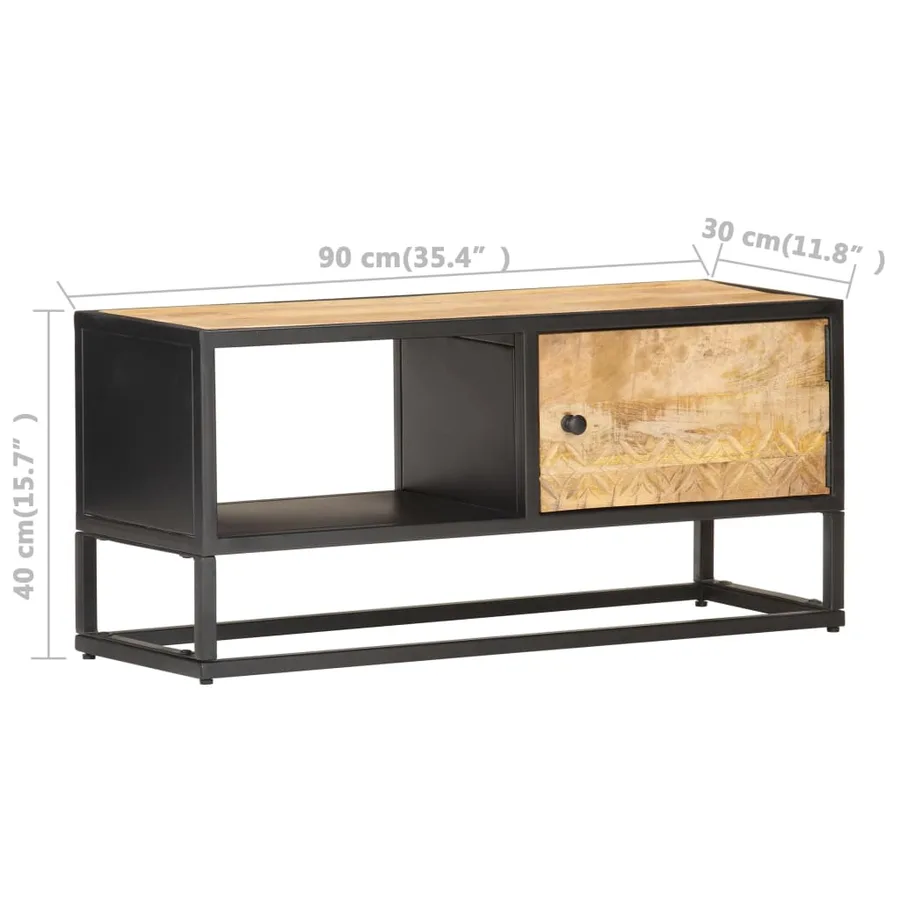 Meuble TV avec porte sculptée 90x30x40 cm Bois de manguier brut - 7