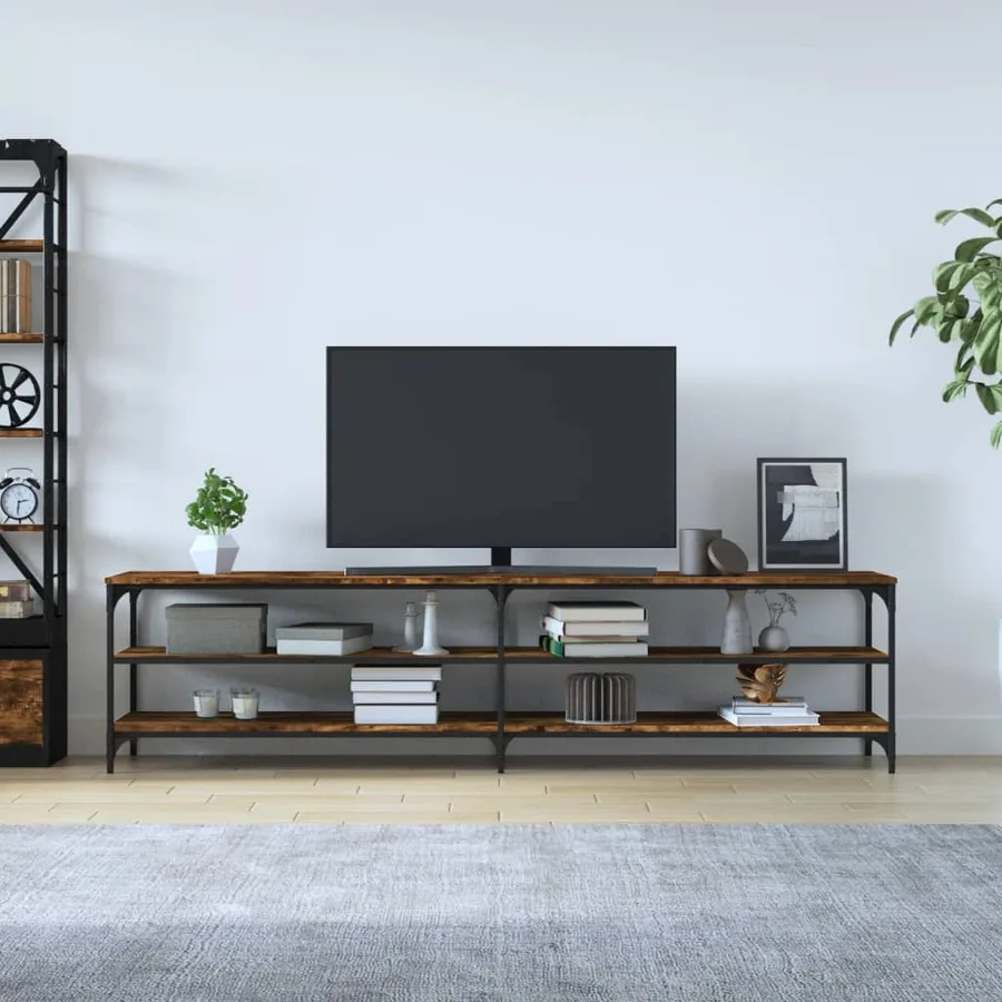 Meuble TV chêne fumé 200x30x50 cm bois d'ingénierie et métal - 3