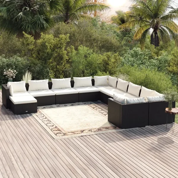Salon de jardin 11 pcs avec coussins Résine tressée Noir