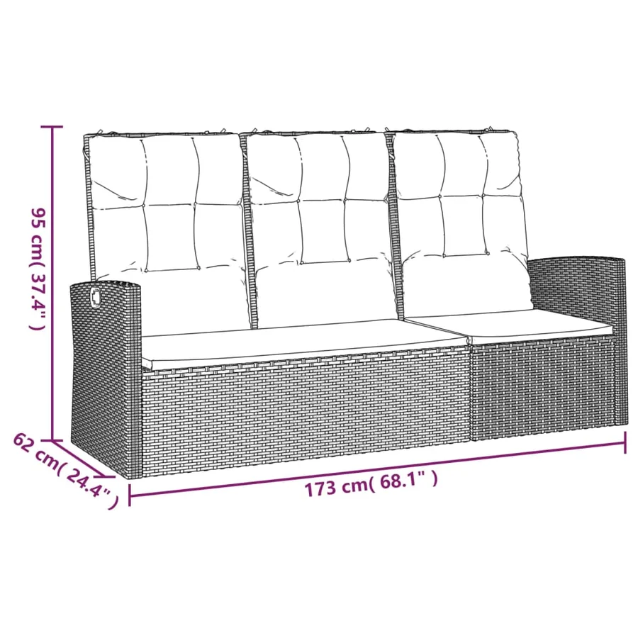 Banc de jardin inclinable et coussins noir 173cm résine tressée - 8