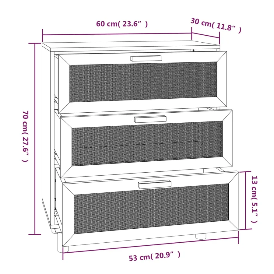Buffet Noir 60x30x70 cm Bois de pin massif et rotin naturel - 9