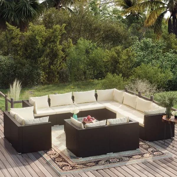 Salon de jardin 12 pcs avec coussins Noir Résine tressée