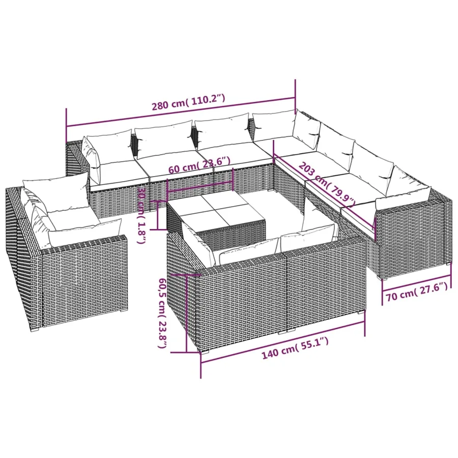 Salon de jardin 12 pcs avec coussins Noir Résine tressée - 9