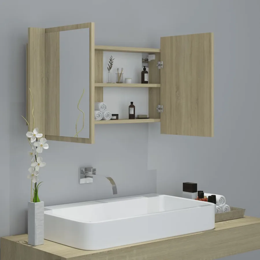 Armoire à miroir à LED de bain Chêne sonoma 80x12x45 Acrylique - 6