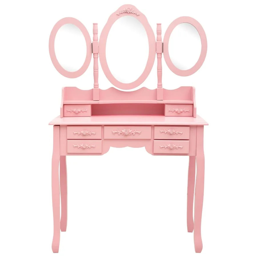 Coiffeuse avec tabouret et miroir pliable en 3 Rose - 3