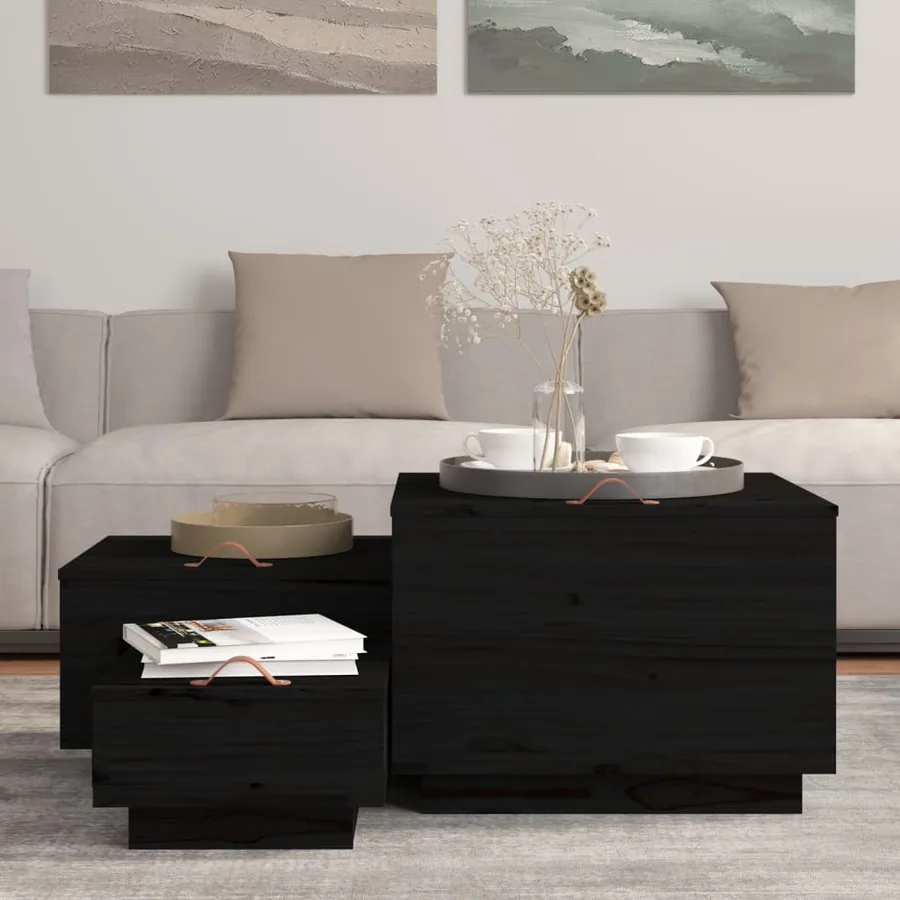 Boîtes de rangement et couvercles 3 pcs Noir Bois massif de pin - 3