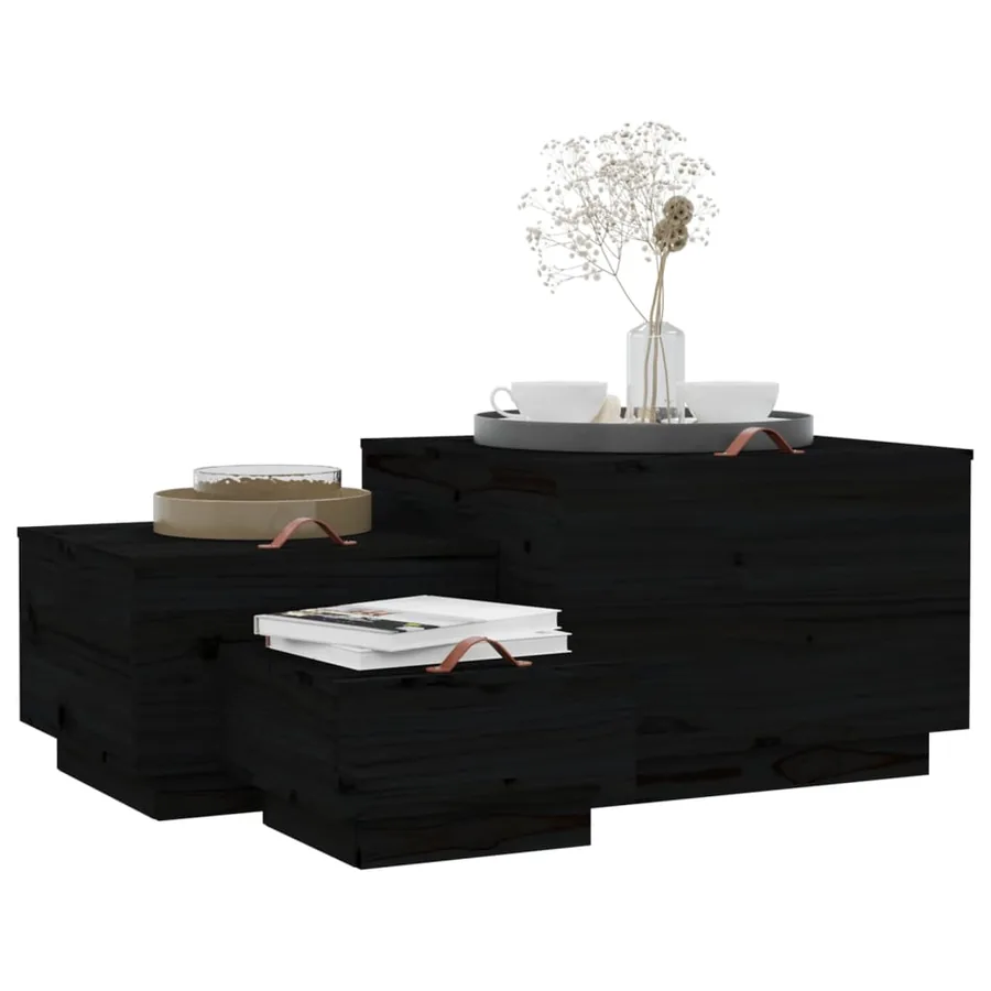 Boîtes de rangement et couvercles 3 pcs Noir Bois massif de pin - 4