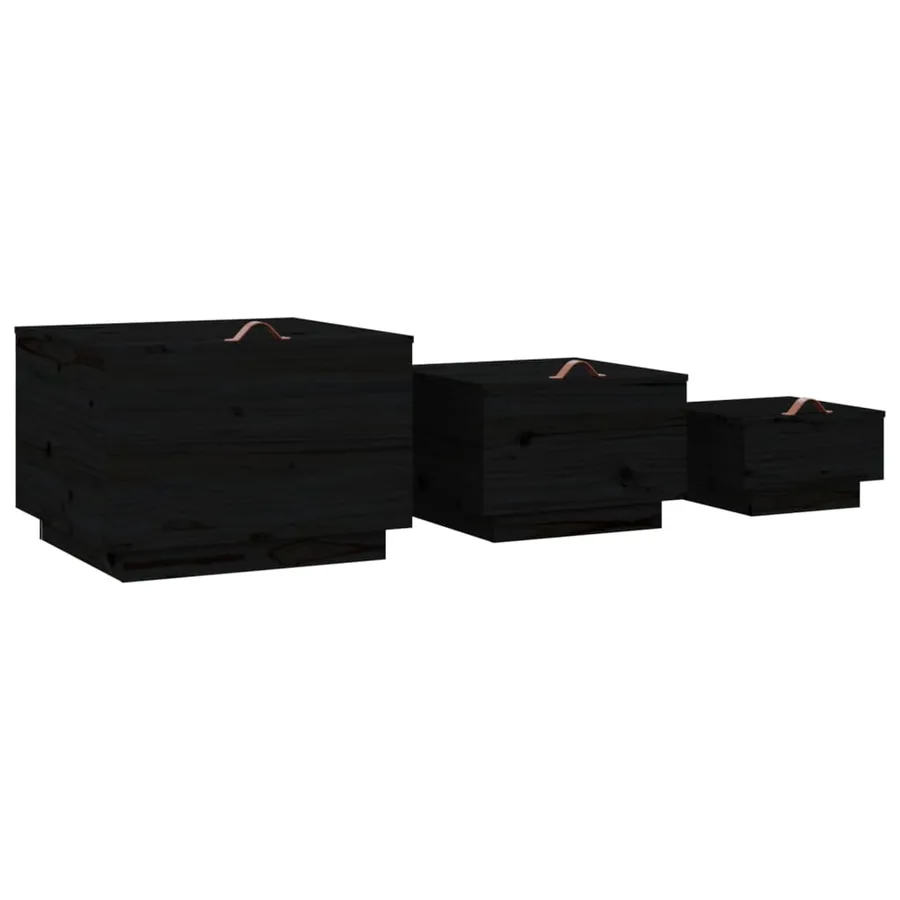 Boîtes de rangement et couvercles 3 pcs Noir Bois massif de pin - 5