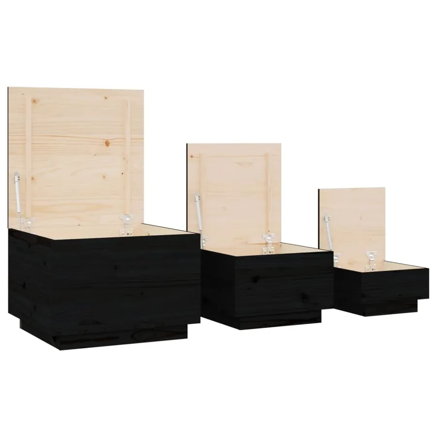 Boîtes de rangement et couvercles 3 pcs Noir Bois massif de pin - 6