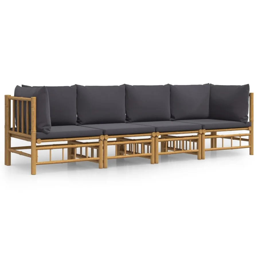 Salon de jardin 4 pcs avec coussins gris foncé bambou - 2