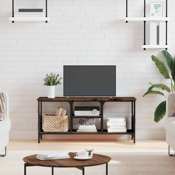 Meuble TV chêne fumé 100x35x45 cm bois d'ingénierie et fer