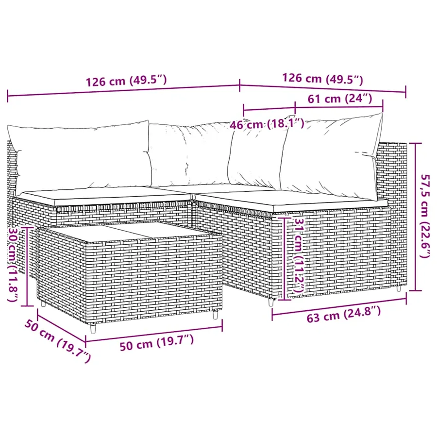 Salon de jardin 4 pcs avec coussins Noir Résine tressée - 11