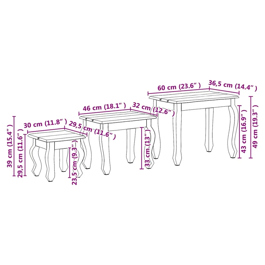Ensemble de tables gigognes 3 pcs bois d'acajou massif - 16