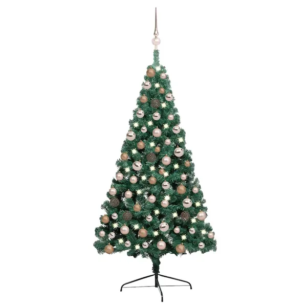 Demi-arbre de Noël artificiel pré-éclairé et boules vert 120 cm