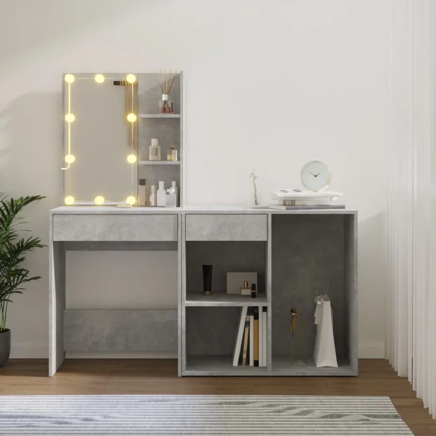 Coiffeuse à LED avec armoire Gris béton Bois d'ingénierie - 4