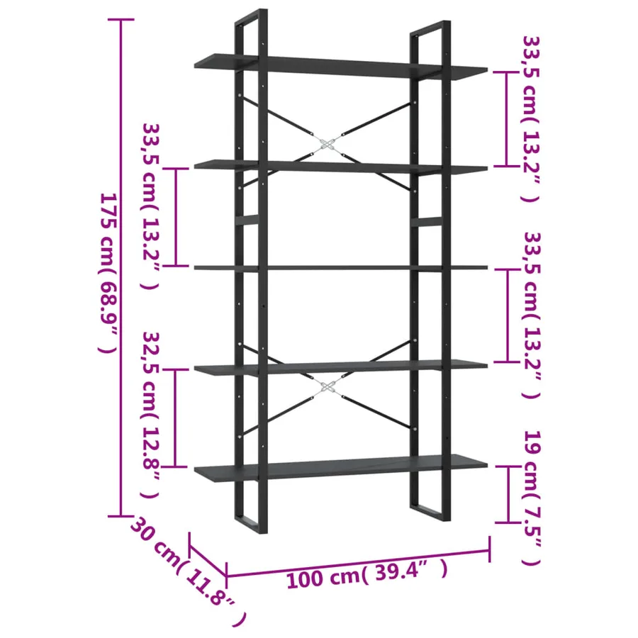 Bibliothèque à 5 niveaux Gris 100x30x175 cm Bois d'ingénierie - 6