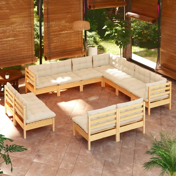 Salon de jardin 11 pcs avec coussins crème Bois de pin solide