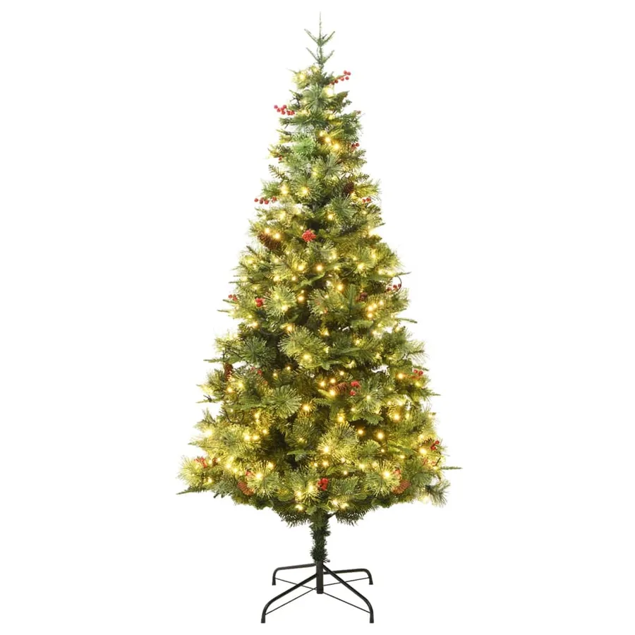 Sapin de Noël pré-éclairé et pommes de pin vert 225cm PVC et PE - 2