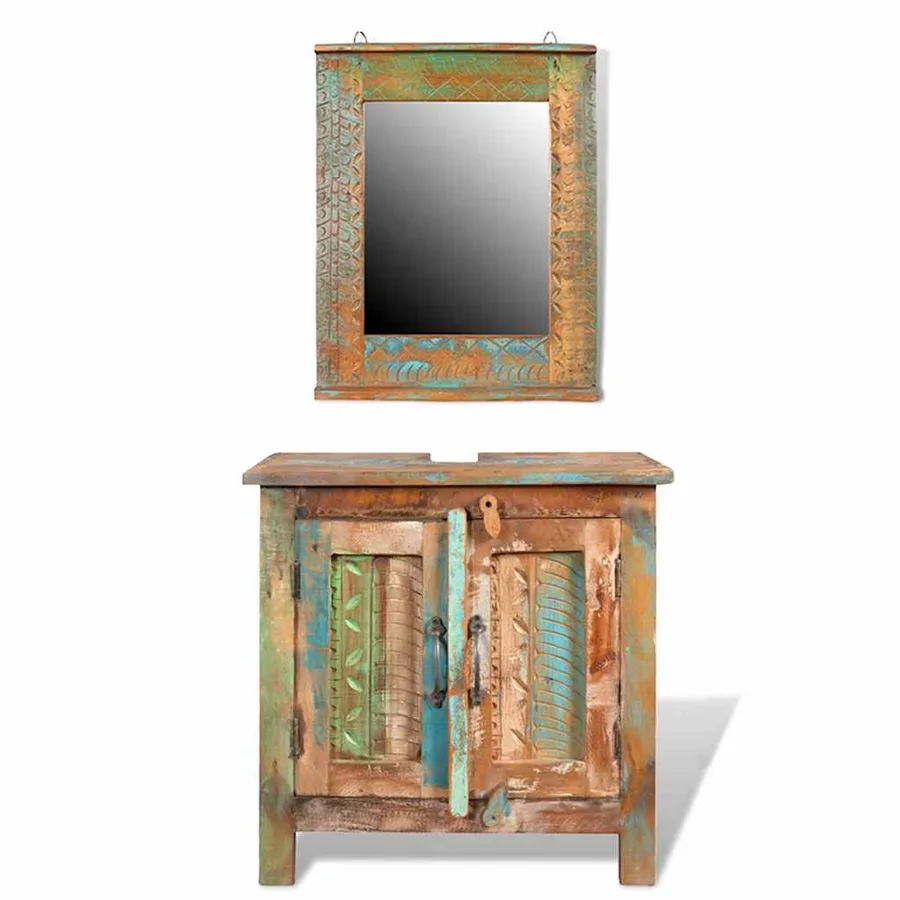 Ensemble meuble sous vasque et miroir en bois massif recyclé - 2