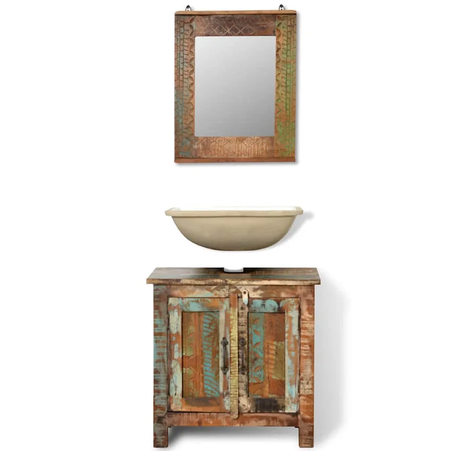 Ensemble meuble sous vasque et miroir en bois massif recyclé - 4
