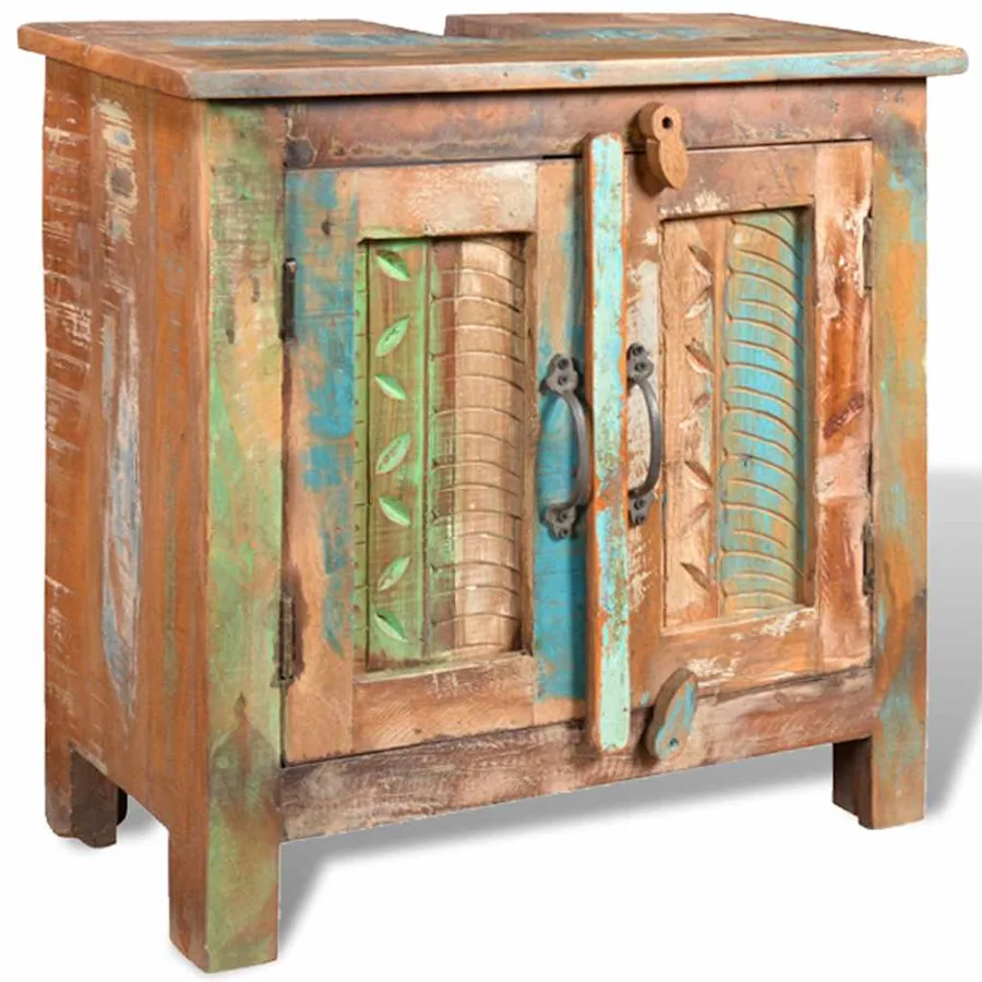 Ensemble meuble sous vasque et miroir en bois massif recyclé - 7