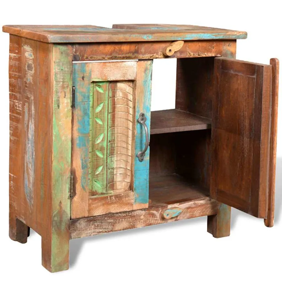 Ensemble meuble sous vasque et miroir en bois massif recyclé - 8