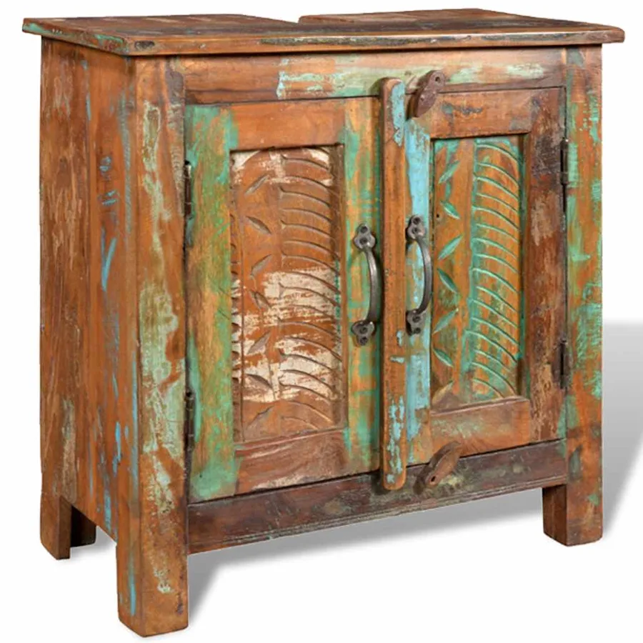 Ensemble meuble sous vasque et miroir en bois massif recyclé - 9