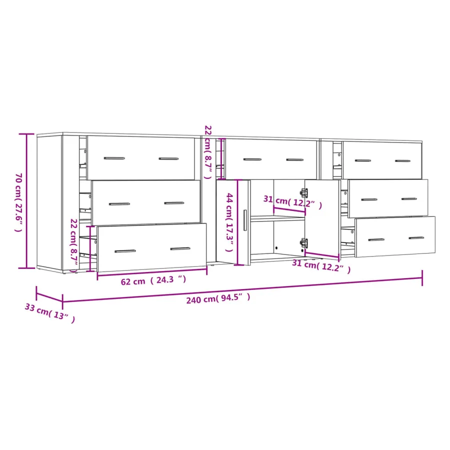 Buffets 3 pcs Chêne fumé Bois d'ingénierie - 9