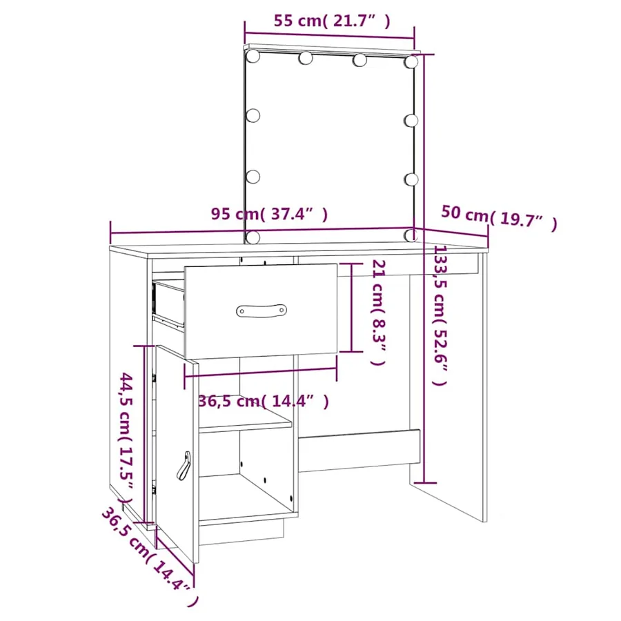 Coiffeuse avec LED 95x50x133,5 cm Bois de pin massif - 14