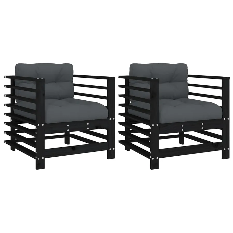 Chaises de jardin et coussins lot de 2 noir bois de pin massif - 2