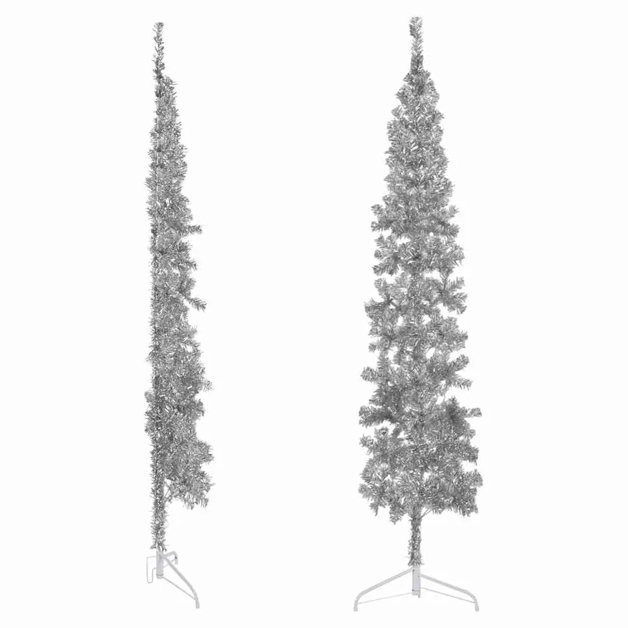 Demi sapin de Noël artificiel mince avec support Argenté 210 cm - 3