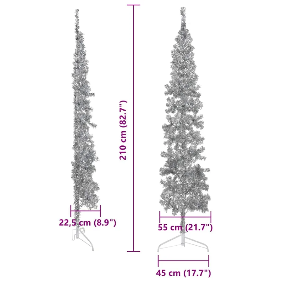 Demi sapin de Noël artificiel mince avec support Argenté 210 cm - 8