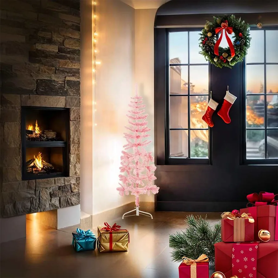 Demi sapin de Noël artificiel mince avec support Rose 120 cm - 2