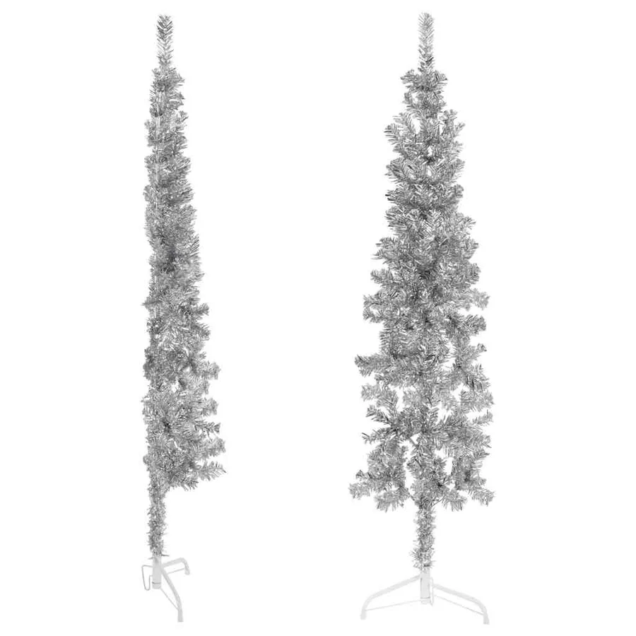 Demi sapin de Noël artificiel mince avec support Argenté 150 cm - 3