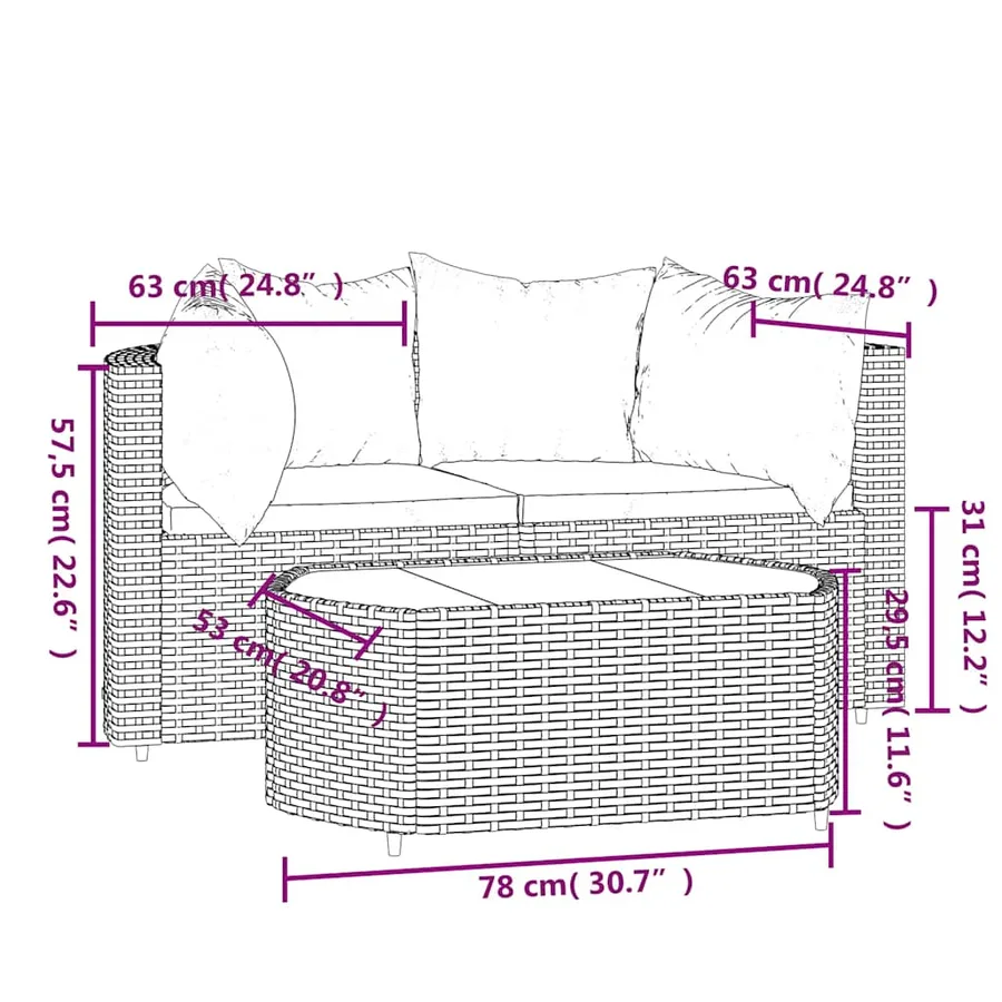 Salon de jardin 3 pcs avec coussins marron résine tressée - 12