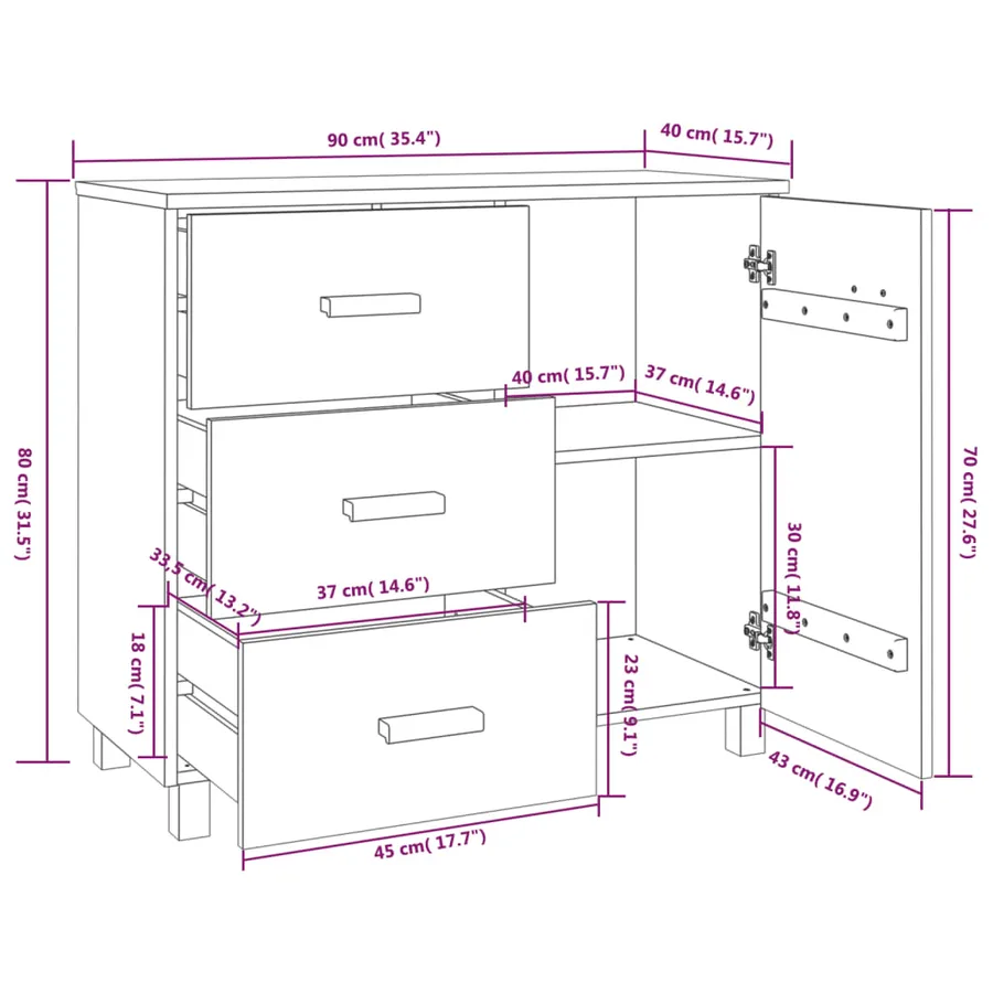 Buffet HAMAR Blanc 90x40x80 cm Bois massif de pin - 9