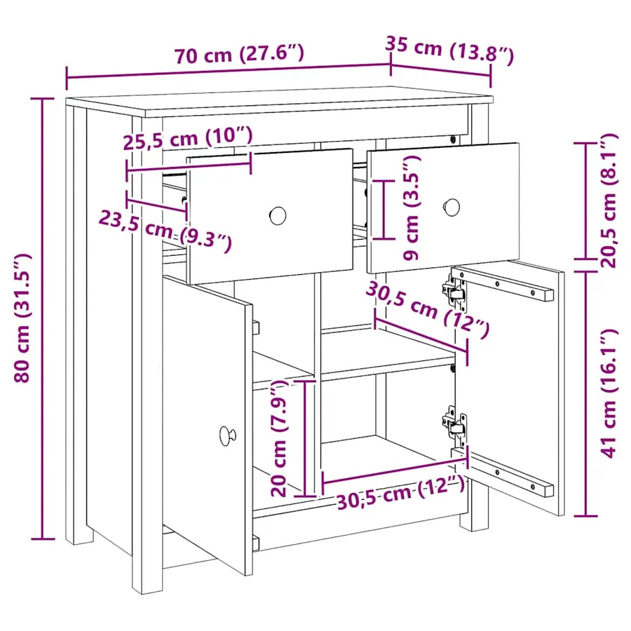 Buffet blanc 70x35x80 cm bois massif de pin - 9