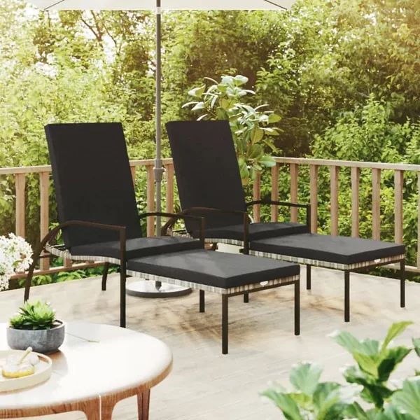 Chaises longues avec repose-pied 2 pcs Résine tressée Gris