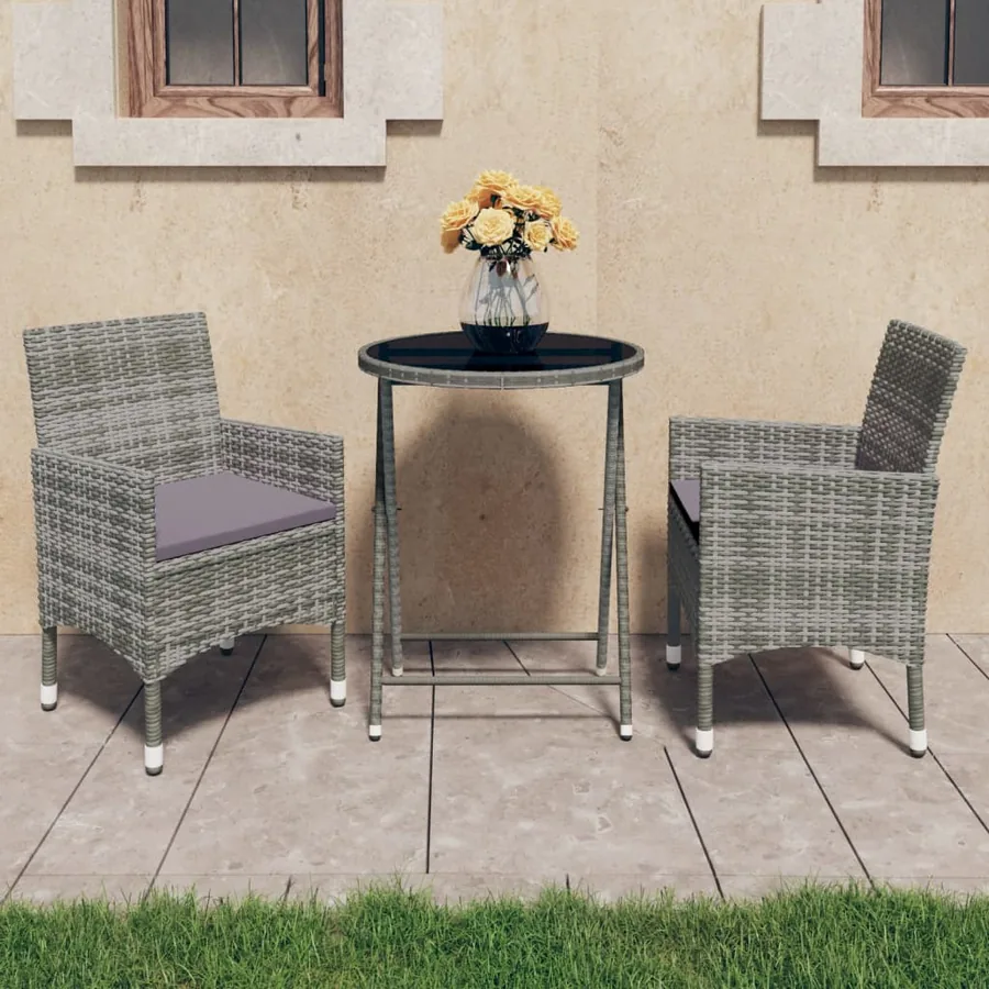 Ensemble de bistro 3 pcs Résine tressée et verre trempé Gris