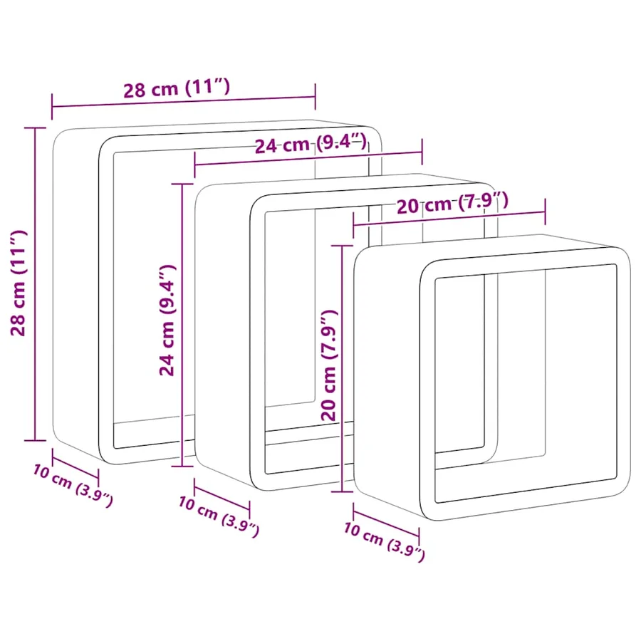 Étagères murales sous forme de cube 3 pcs Noir MDF - 10