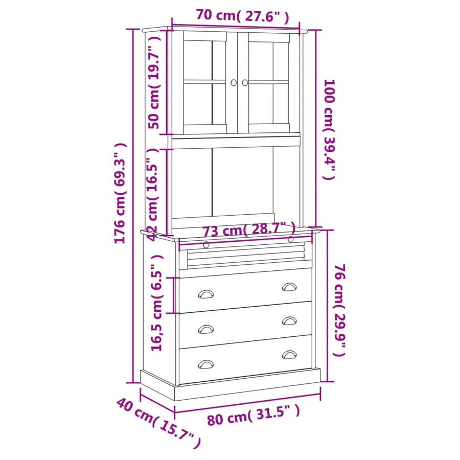 Buffet haut VIGO 80x40x176 cm bois massif de pin - 12