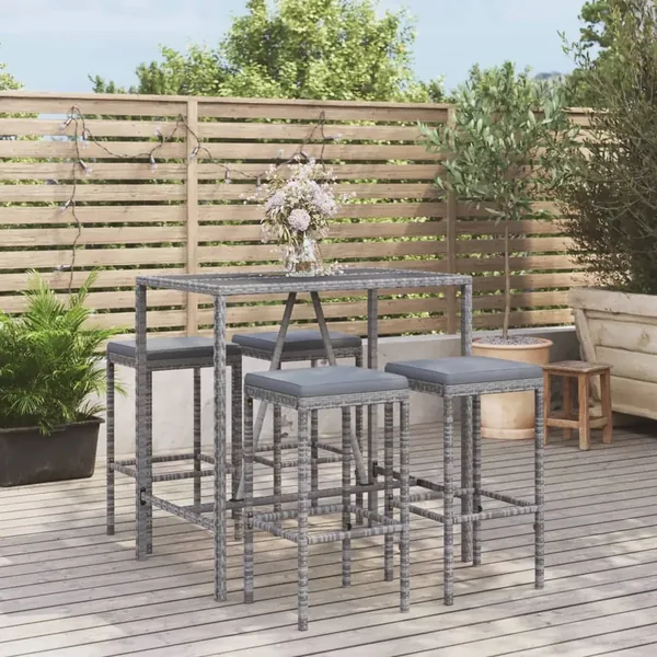 Ensemble de bar de jardin 5 pcs avec coussins gris poly rotin